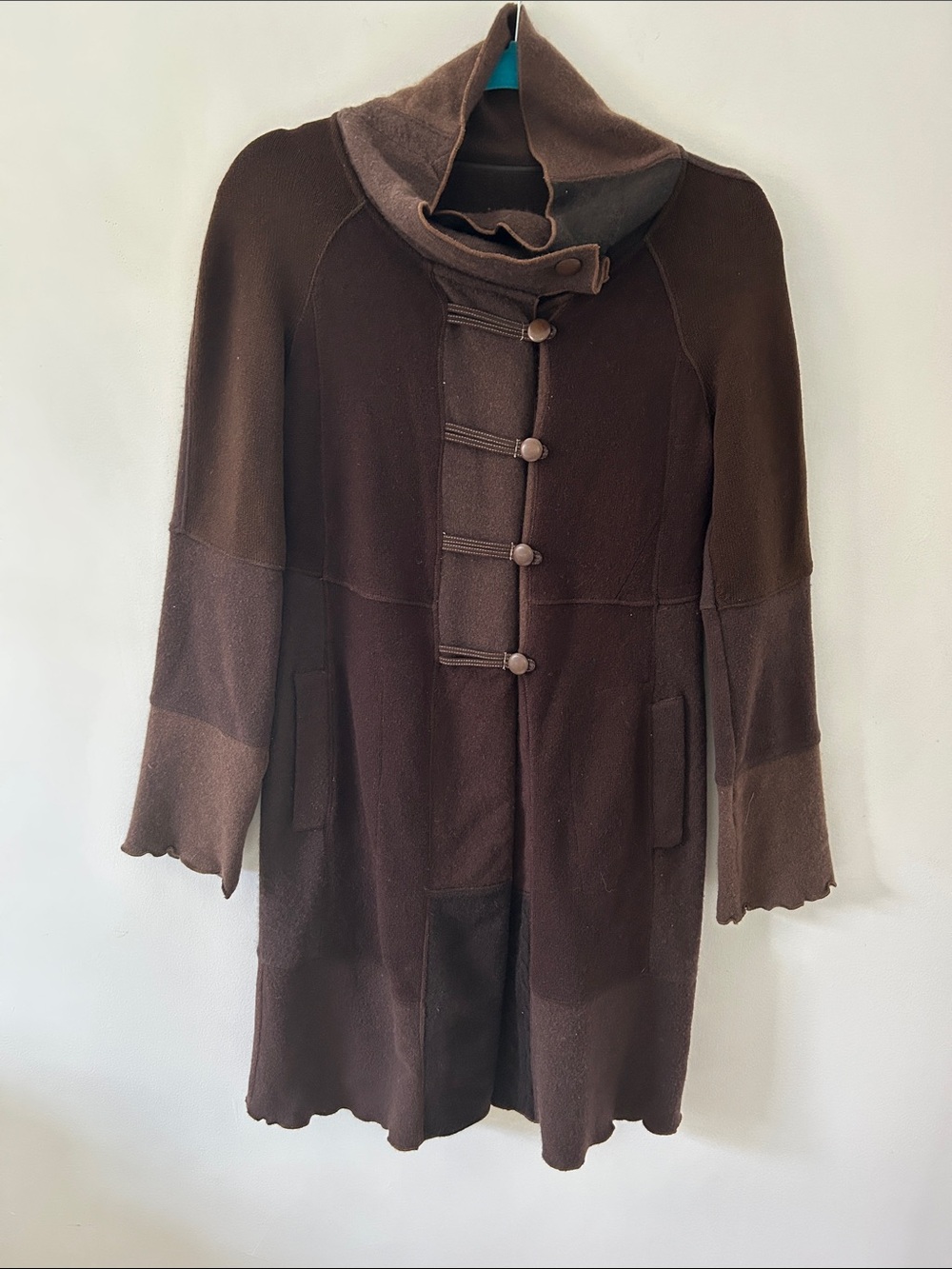 Women's Knit Patchwork Brown Toggle Coat Long Mock Neck Lagenlook Size Small